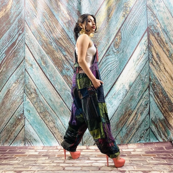 Handmade Baggy Hippy Patchwork Overall Jumpsuit - Picture 2 of 6